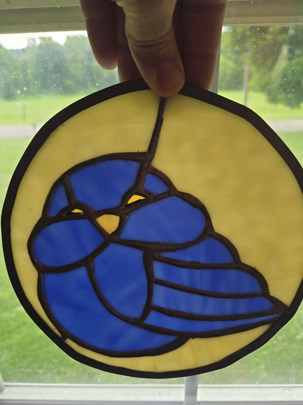 Stained Glass Blue Bird Suncatcher - Yellow Background